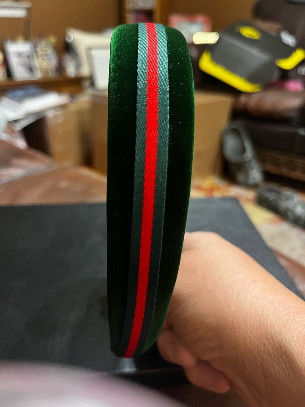 Double G Designer Deep Green Velvet Signature Letter Headband - Picture 7 of 7